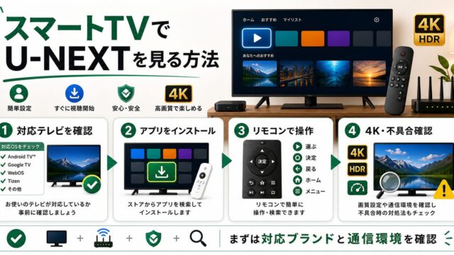 スマートTVでU-NEXTを見る方法と対応テレビ確認や4K視聴を示すアイキャッチ