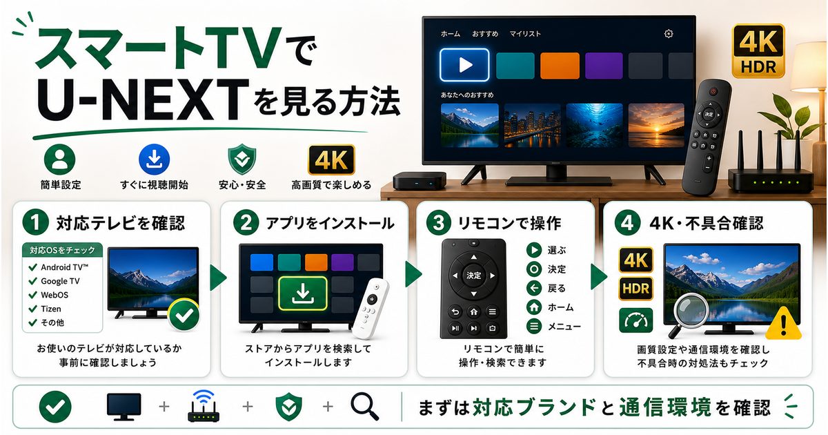 スマートTVでU-NEXTを見る方法と対応テレビ確認や4K視聴を示すアイキャッチ