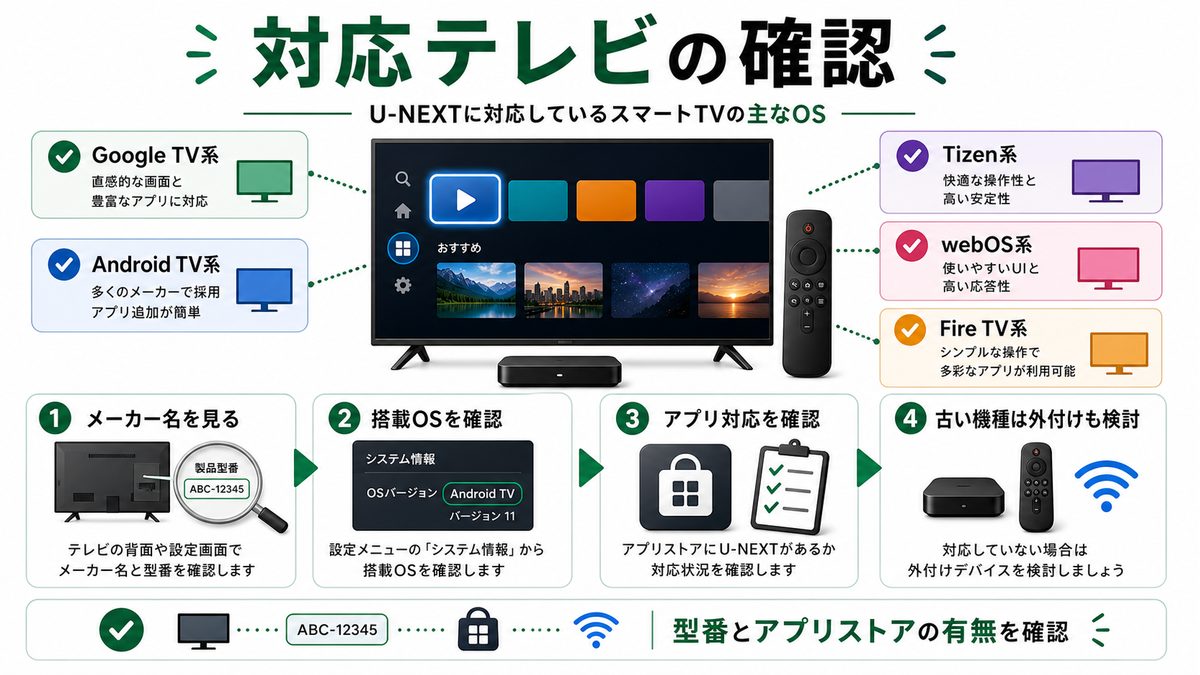 U-NEXT対応スマートTVのメーカーや搭載OSを確認する図解