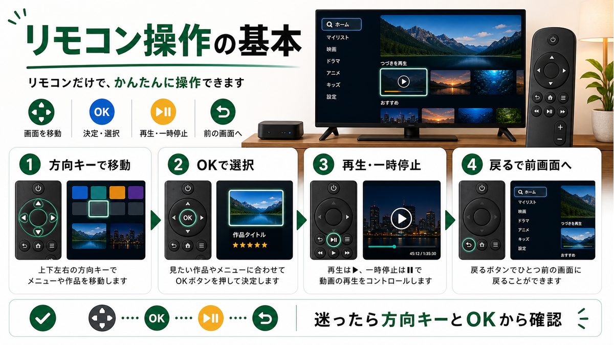 スマートTVリモコンでU-NEXTを操作する基本ボタンを示す図解
