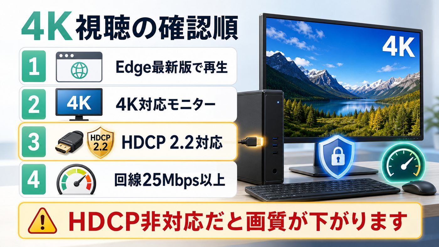 Windows PCでU-NEXTを4K視聴するためのEdge・4Kモニター・HDCP・回線条件の図解