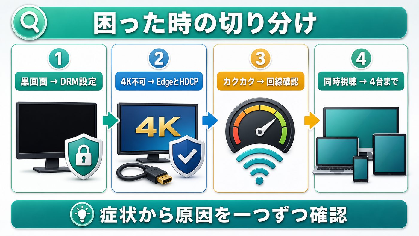 U-NEXTのPC視聴で黒画面・4K不可・カクカク・同時視聴エラーが出る時の切り分け図解