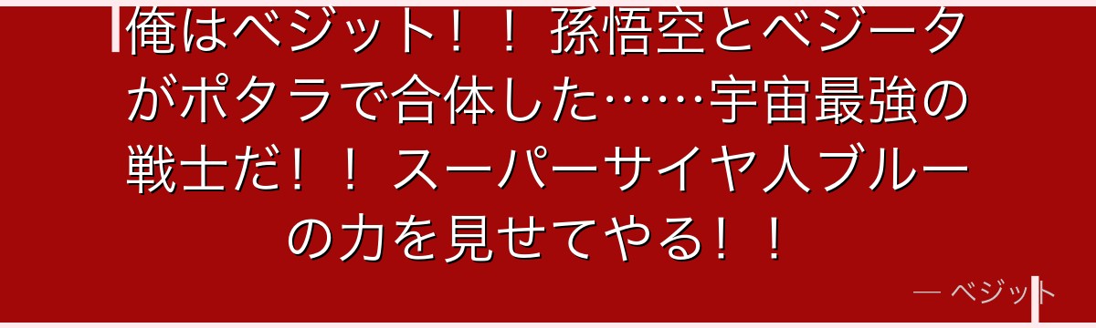 俺はベジット！！孫悟空とベジータがポタラで合体した……宇宙最強の戦士だ！！スーパーサイヤ人ブルーの力を見せてやる！！