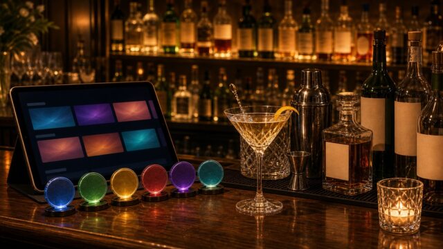 バーテンダー 神のグラスの配信視聴方法と大人のバーの雰囲気をカクテルグラス・配信端末・サービストークンで表したアイキャッチ画像