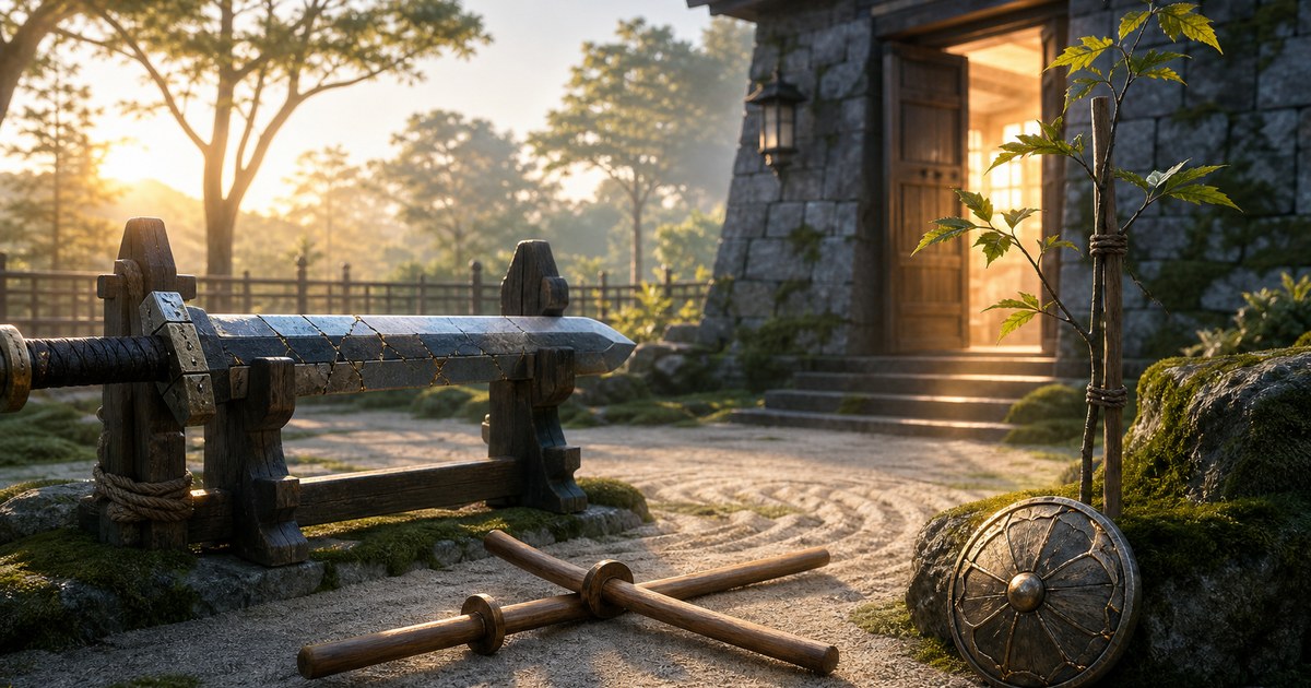 敗北後に丸くなり次世代へ剣を教えるアレクサンダーを示す修復された稽古場
