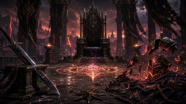不死魔王アトーフェの強さと北神流の系譜を玉座と剣で表したアイキャッチ