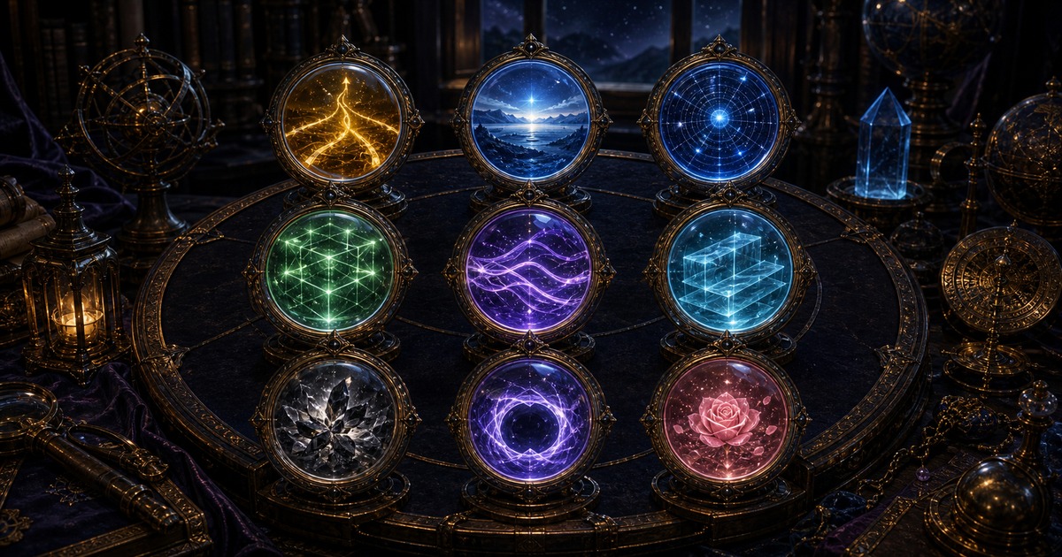 作中で確認できる9種類の魔眼を九つの宝石レンズで表した画像