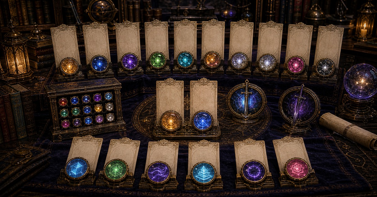 魔眼を持つキャラクター一覧を肖像ではなく空白カードと宝石レンズで表した画像