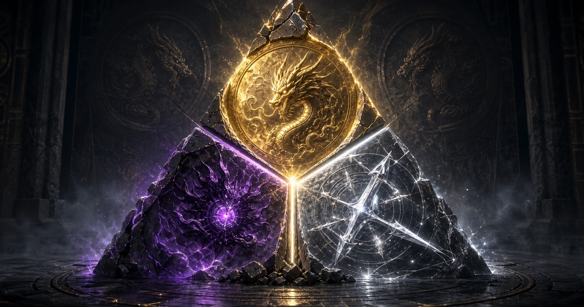 魔龍王・魔神・技神というラプラスの3つの名前を割れた結晶で示す画像