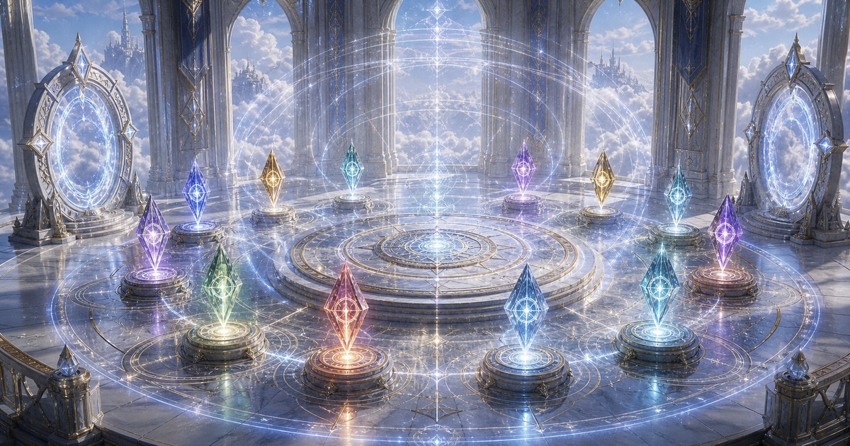 ペルギウスの神級召喚魔術と十二の使い魔を十二の光標で表した画像