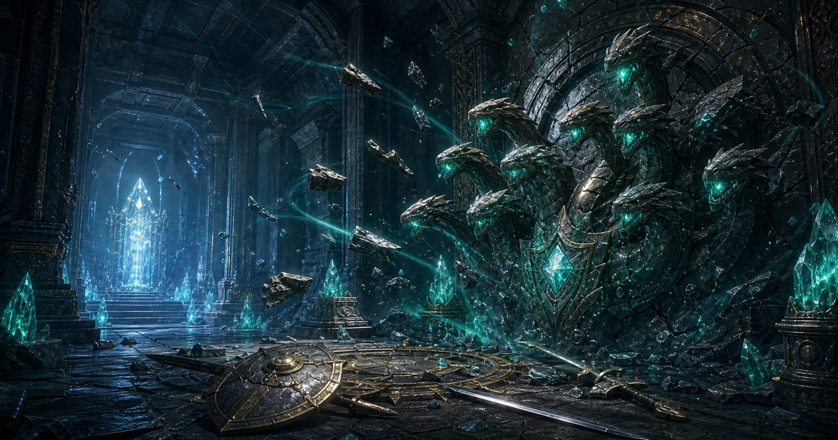 マナタイト・ヒュドラとの決戦を生物ではなく結晶の多頭守護者レリーフで表した画像