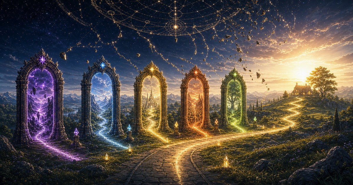 5つのターニングポイントが神との戦いの年表として一本の道につながることを示す画像