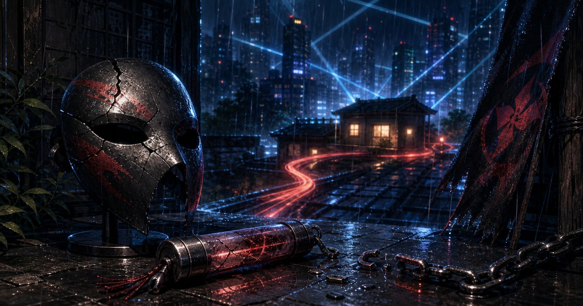 NINJA KAMUIのあらすじと見どころを雨のネオン街・空の仮面・壊れた鎖・光の道で表した画像