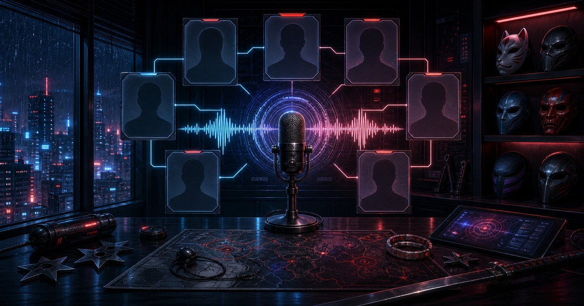 NINJA KAMUIの登場人物と声優陣を匿名プロフィール枠・マイク・音声波形で表した画像