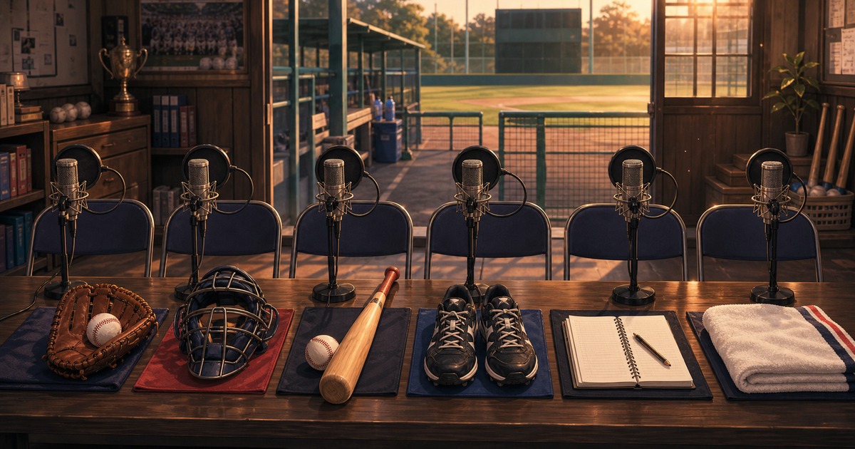 忘却バッテリーの主な登場人物と声優陣を空席・マイク・野球道具で表した画像