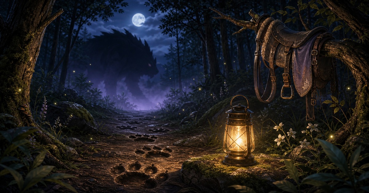 ギルティラウとはどんな魔獣かを月夜の森・巨大な足跡・旅具で表した画像