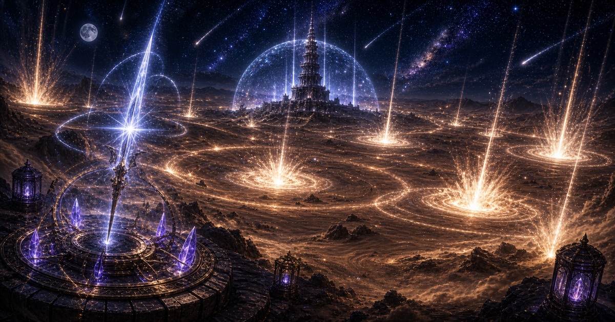 シャウラのメギドファイア級の強さを砂漠に降る星火と監視塔で表した画像