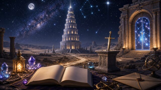 星空の下にそびえるプレアデス監視塔と記憶の書を描いたReゼロ星詠みの塔編のアイキャッチ