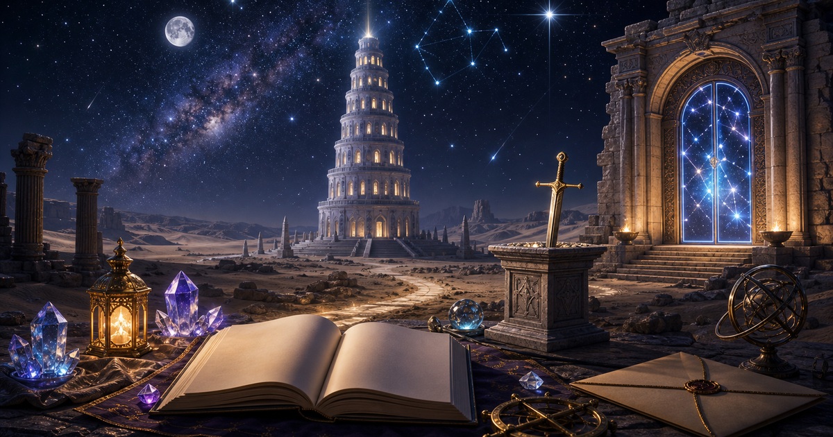 星空の下にそびえるプレアデス監視塔と記憶の書を描いたReゼロ星詠みの塔編のアイキャッチ