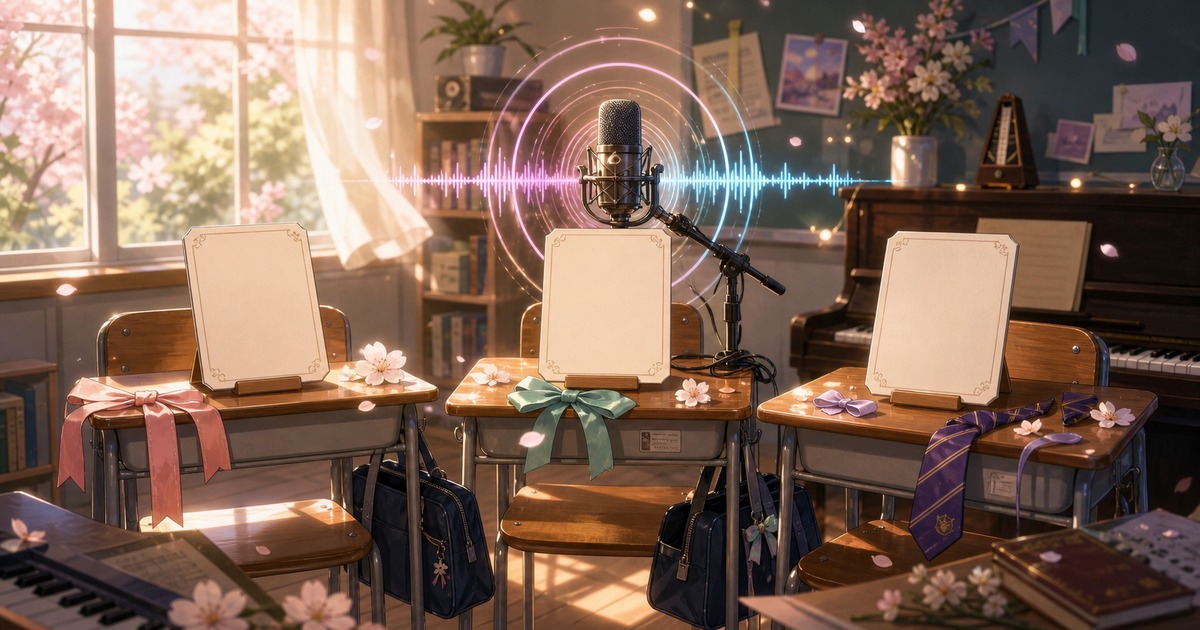 先輩はおとこのこの登場人物と声優陣を空席・空白カード・マイク・音声波形で表した画像