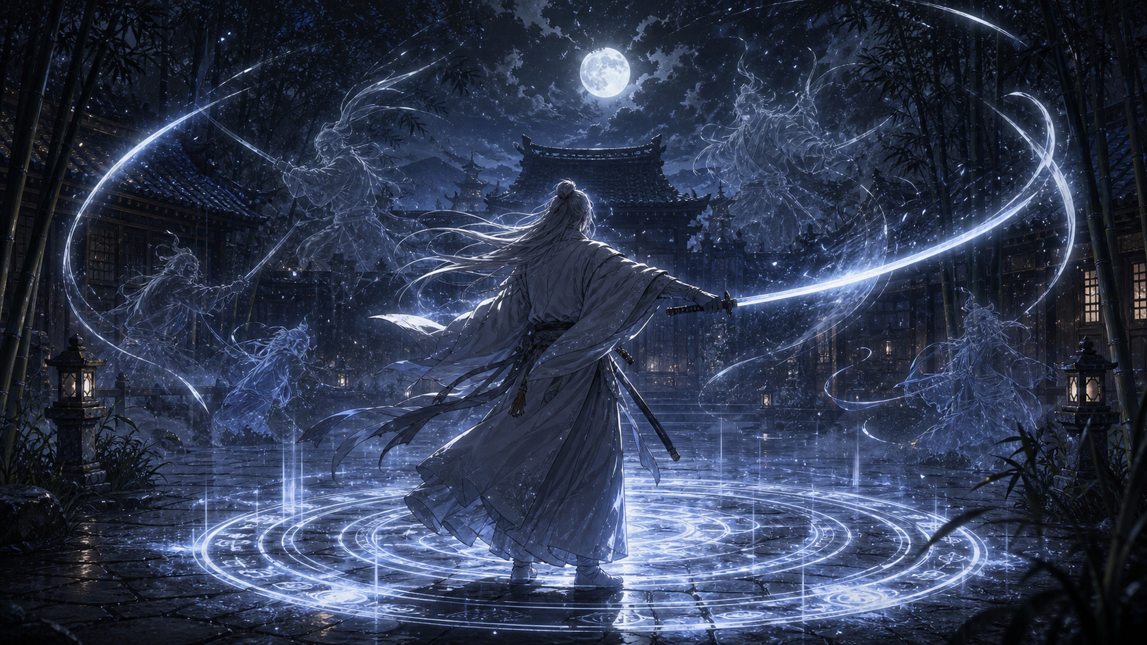 ハクロウの覚醒、剣神、霊刀、剣域を月夜の道場で描いた画像