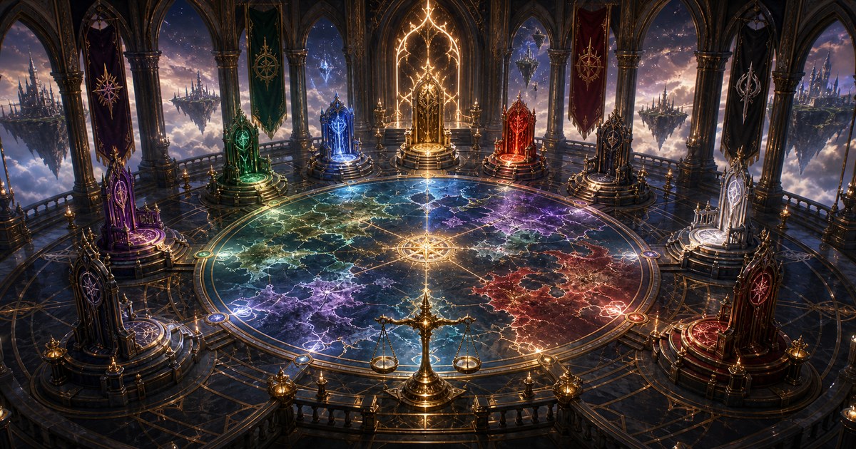 魔王たちと十大魔王の勢力バランスを円卓と領域で示すイメージ