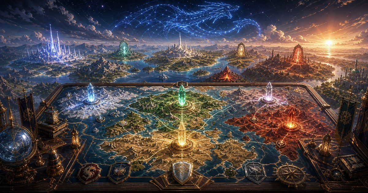 竜種と周辺国家の重要人物を世界地図と結晶で示すイメージ
