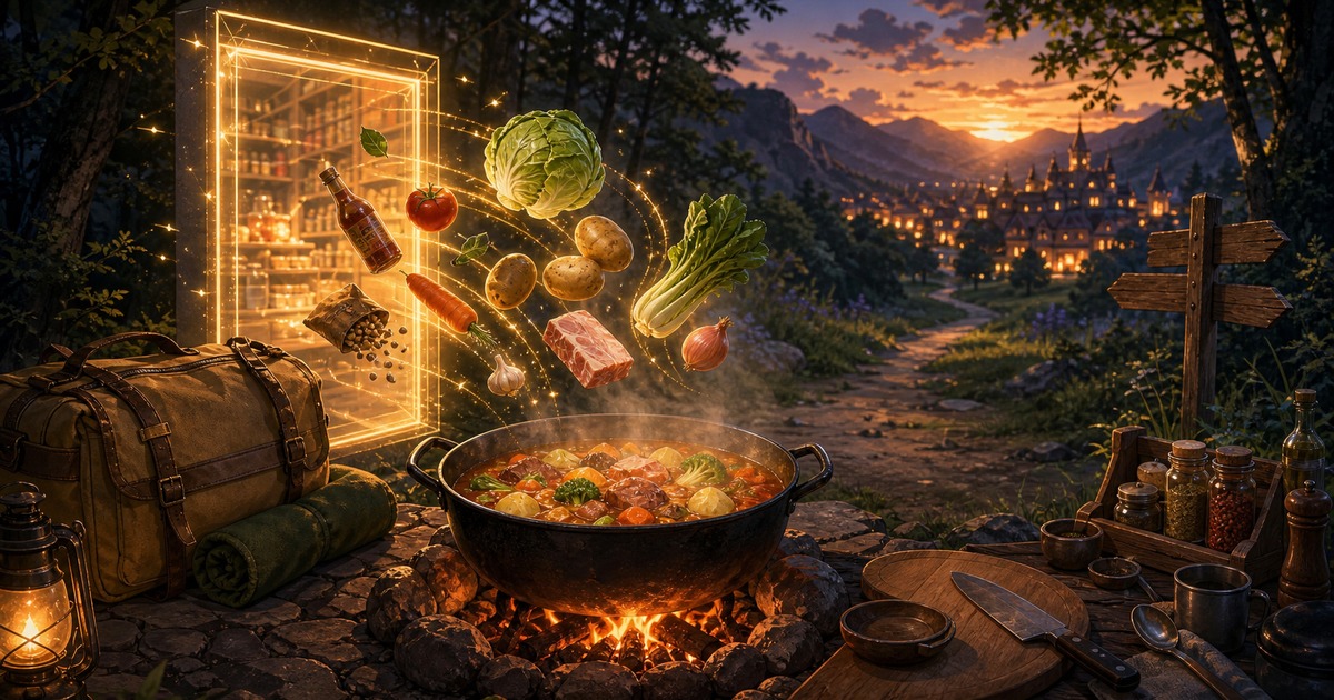 とんでもスキルで異世界放浪メシのあらすじと見どころを買い物ゲート・食材・焚き火鍋・旅道具で表した画像