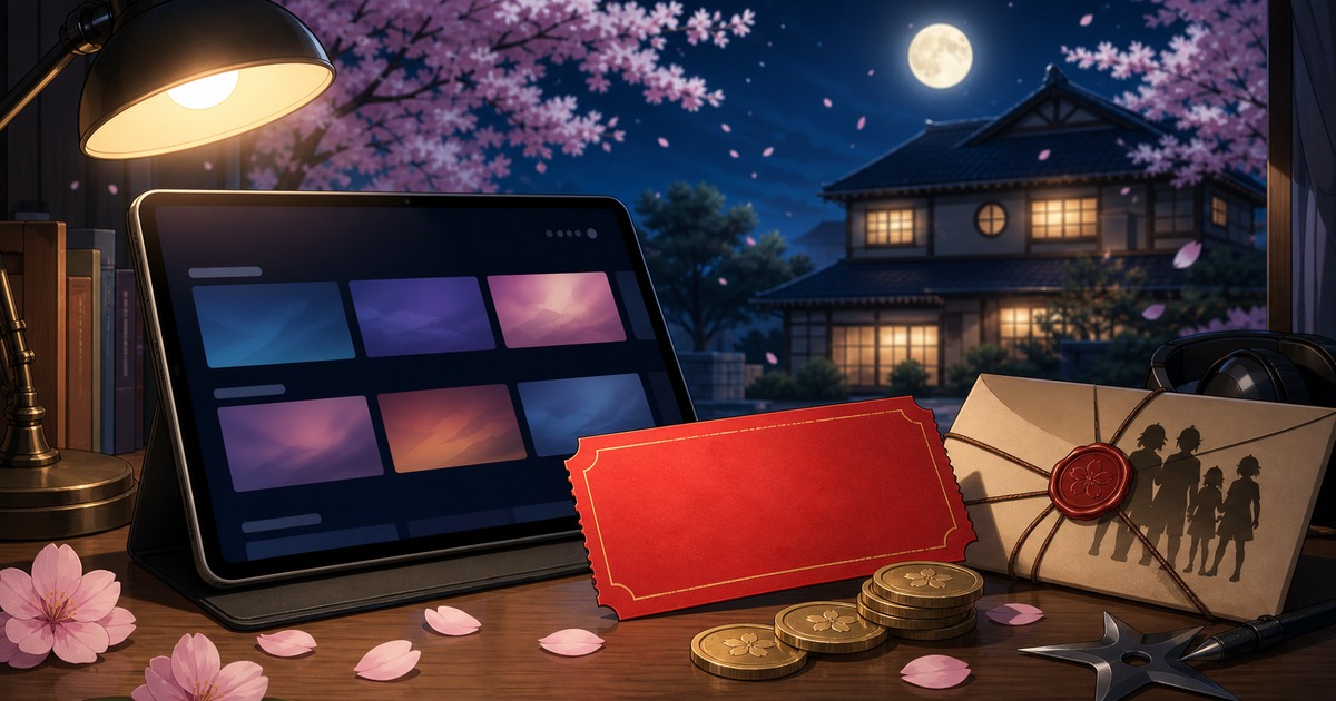 夜桜さんちの大作戦をDMM TVでお得に見る流れを配信端末・無料体験の象徴・桜の小物で表した画像