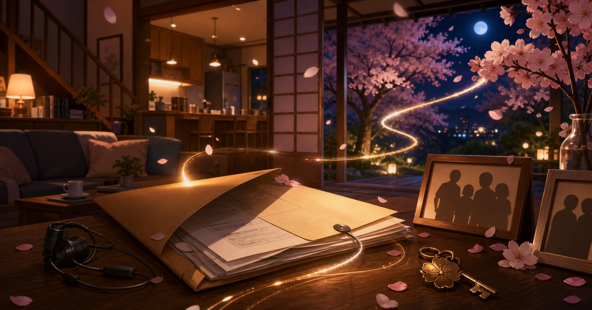夜桜さんちの大作戦のあらすじと見どころを家族写真の影・ミッション封筒・桜の光で表した画像