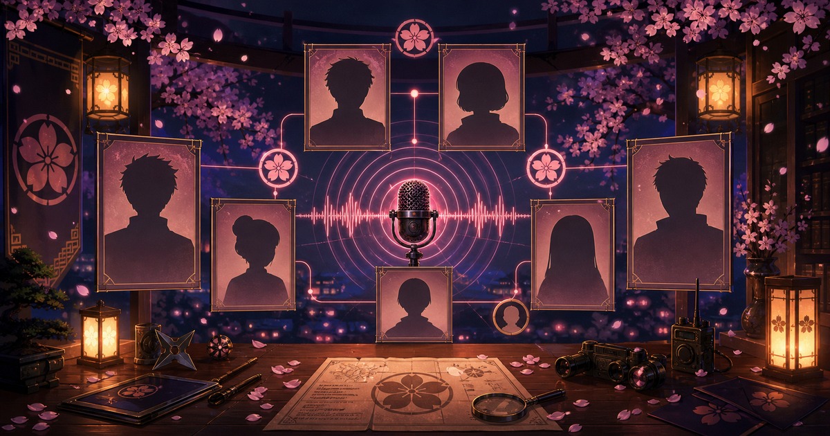夜桜さんちの大作戦の登場人物と声優陣を顔なしプロフィール枠・マイク・家族関係の光で表した画像