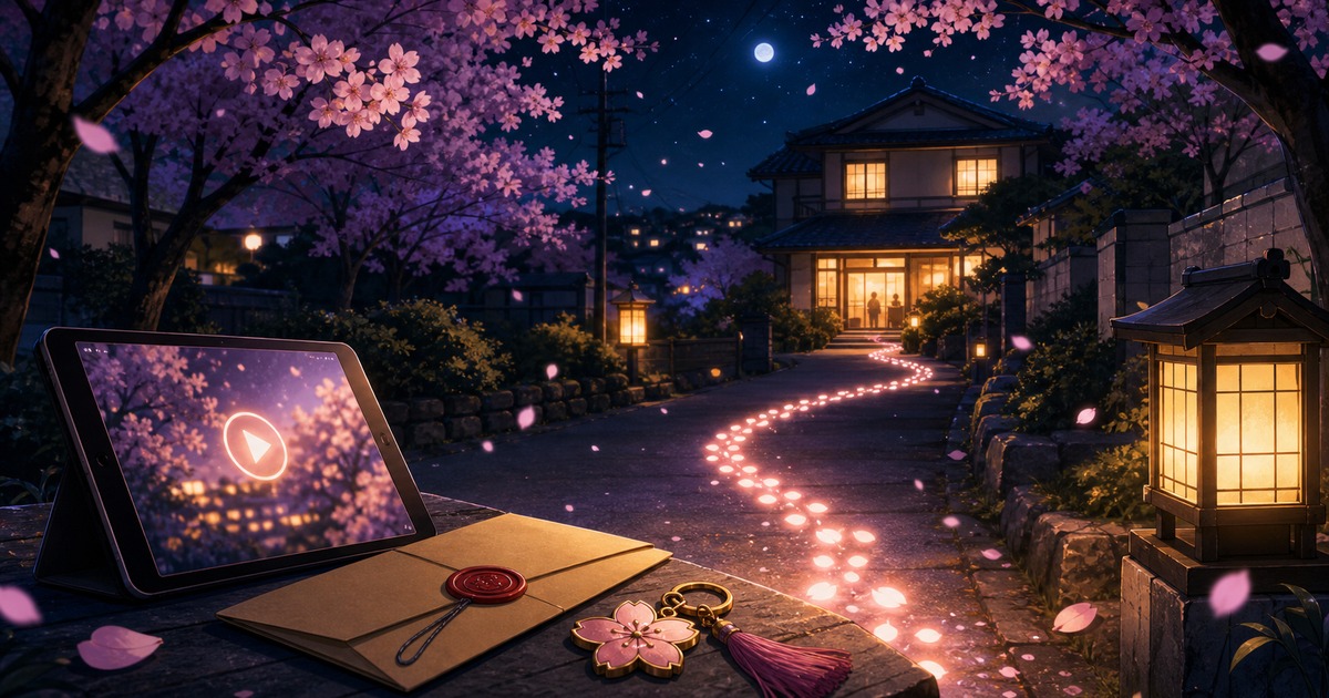 夜桜さんちの大作戦を配信サービスで見始める流れを桜並木・配信端末・光の道で表したまとめ画像