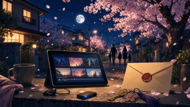 夜桜さんちの大作戦の配信視聴方法と家族スパイアクションの雰囲気を桜並木・配信端末・ミッション封筒で表したアイキャッチ画像