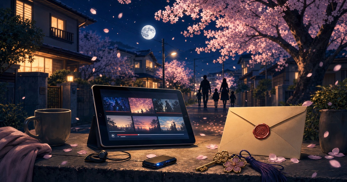 夜桜さんちの大作戦の配信視聴方法と家族スパイアクションの雰囲気を桜並木・配信端末・ミッション封筒で表したアイキャッチ画像