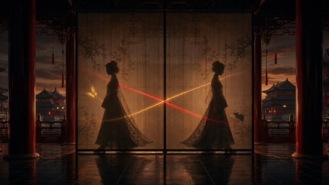 中華風の後宮で蝶と鼠の影を背に立場が入れ替わる二人の女性を象徴した場面