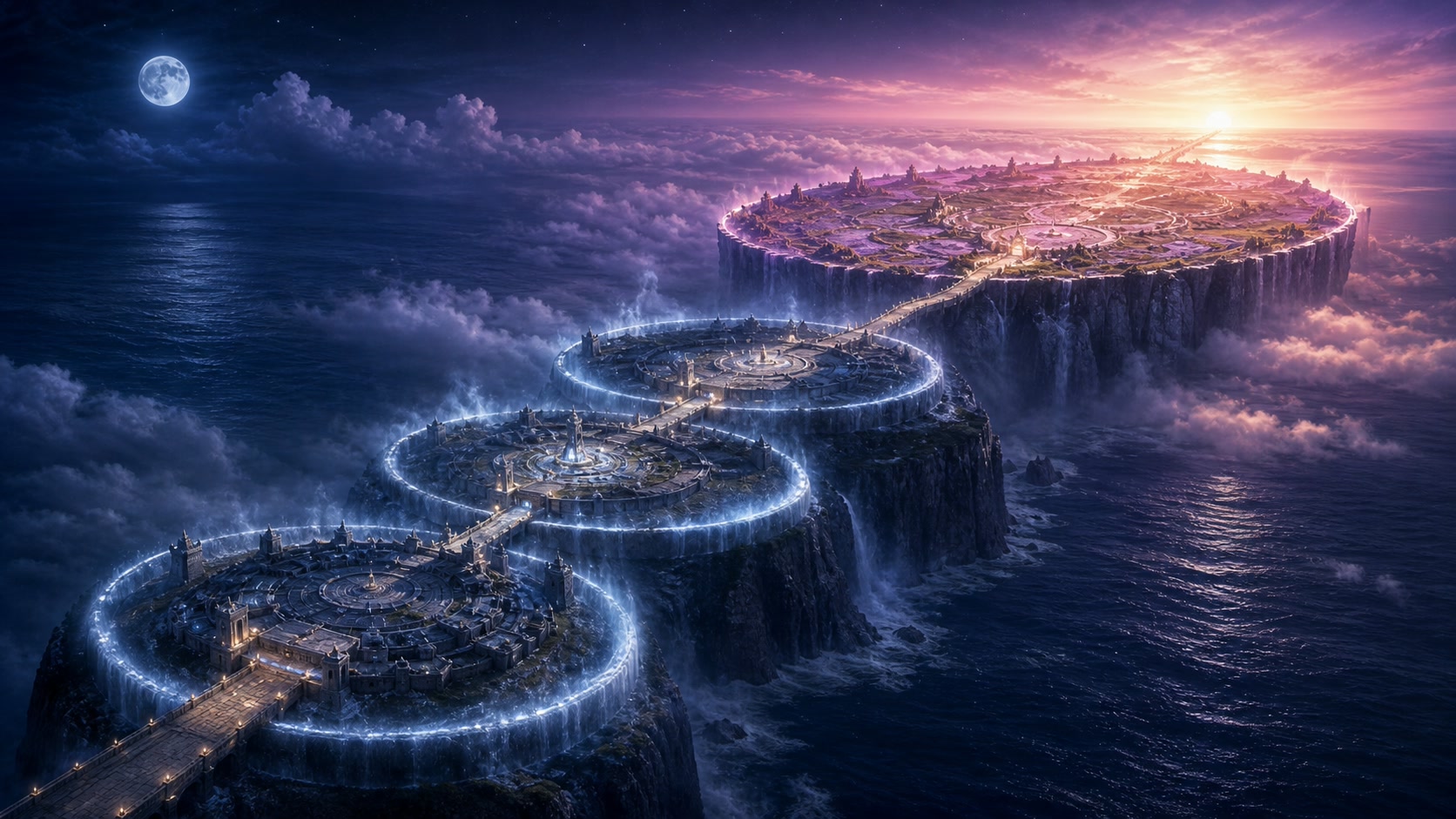 月夜に完了した三つの海上区画と朝焼けへ開く第四区画を結ぶ最終章の全景