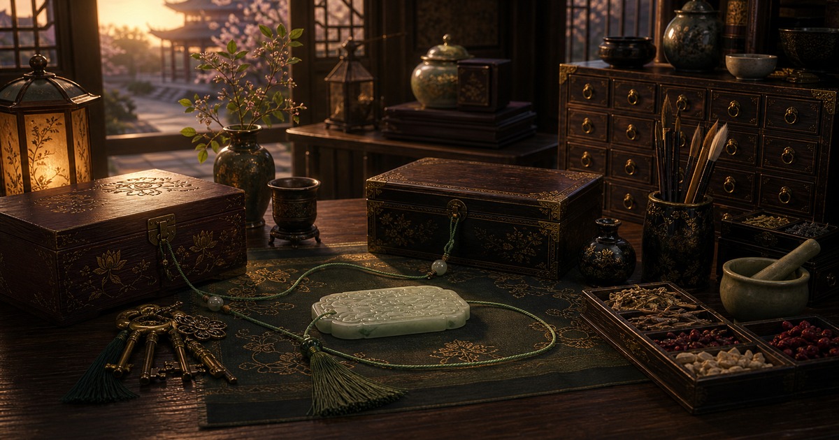 女華の戦略性と物語上の役割を翡翠牌と鍵束と閉じた書箱で表した画像