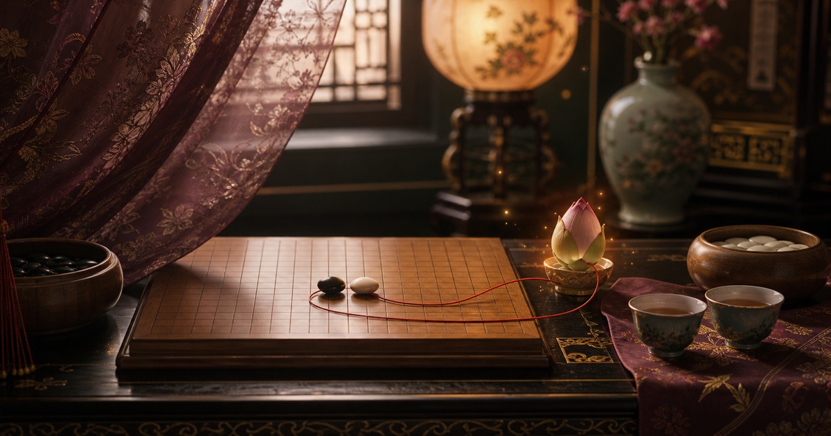 羅漢と鳳仙の最後の勝負と未来への約束を碁石と花芽で表した画像