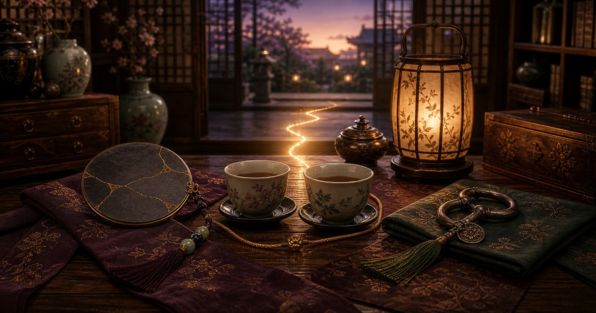 桃美と高順の夫婦関係を金継ぎの鏡と二つの茶器で表した画像