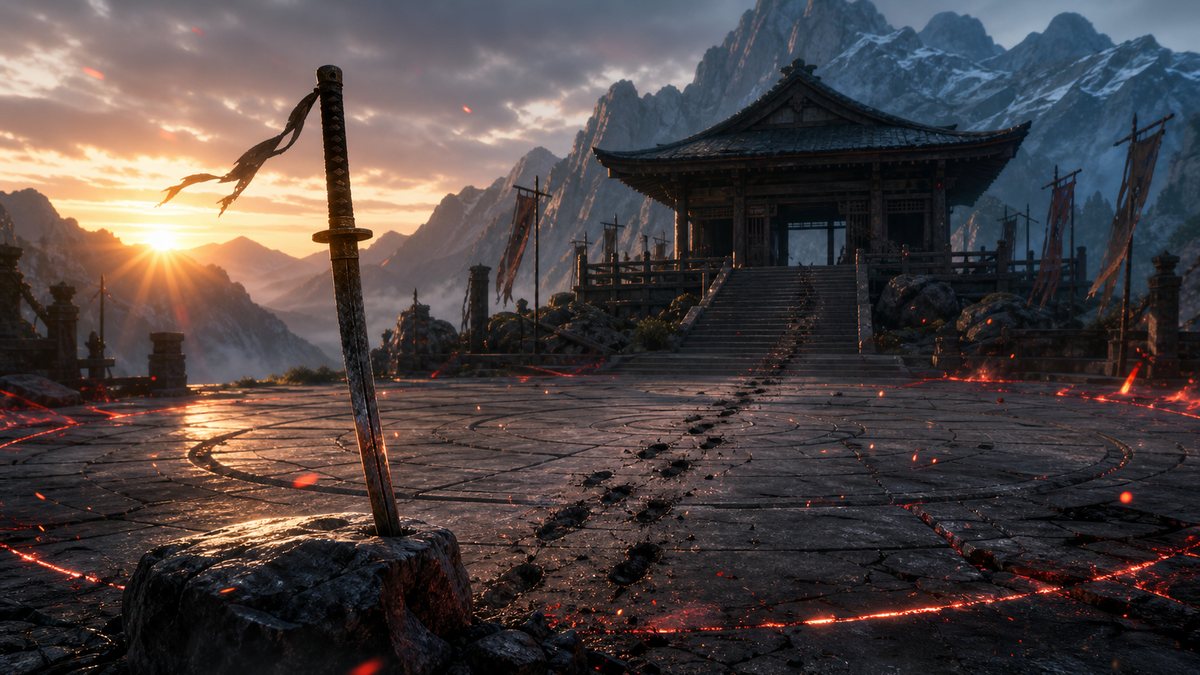 第1話でエリスが剣の聖地で修行を始める流れを象徴した剣と道場の画像