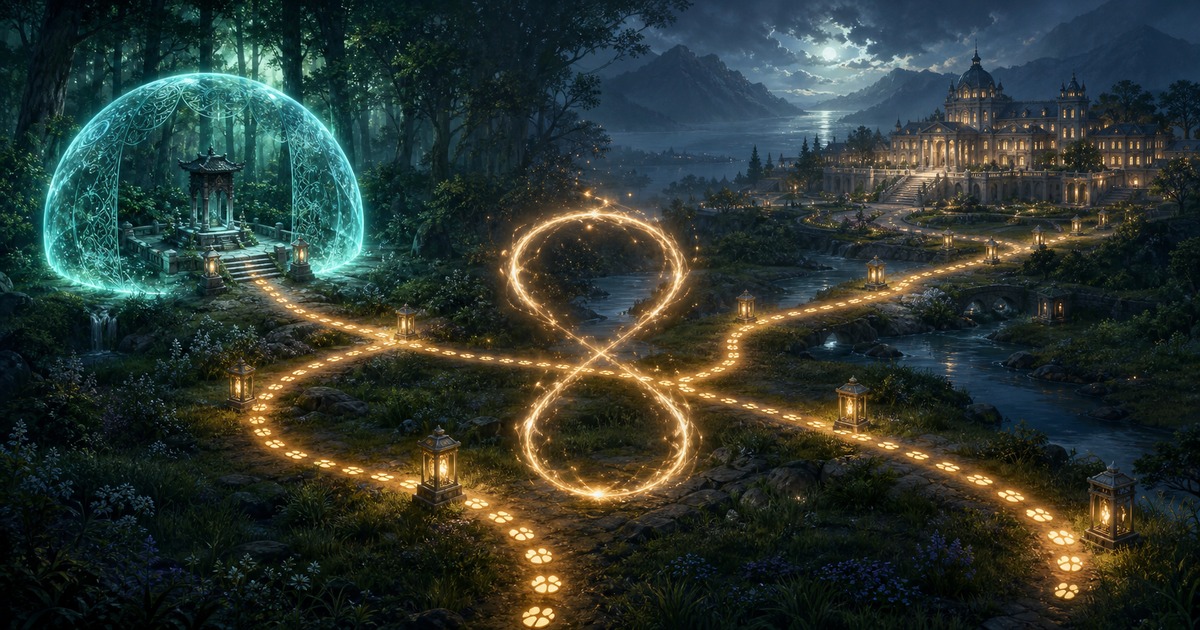 第4章の聖域と邸の同時進行を結界と光の経路で表した画像