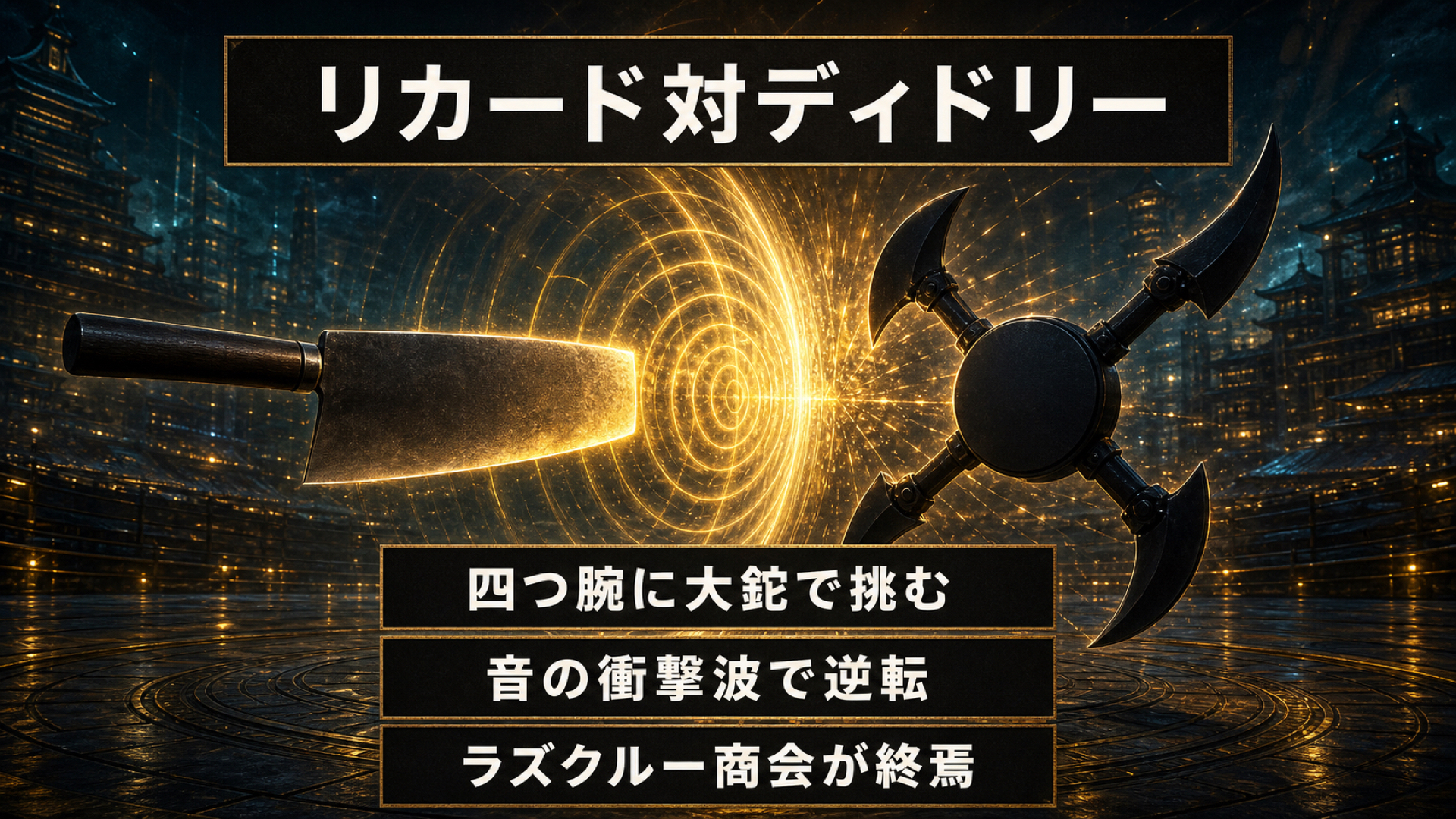 リカードが四つ腕のディドリーへ大鉈と音の衝撃波で勝利する流れを整理した図解