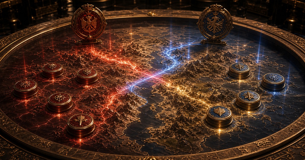 第7章で九神将が皇帝派と反皇帝派に分裂する構図を地図と二色の光で示すイメージ