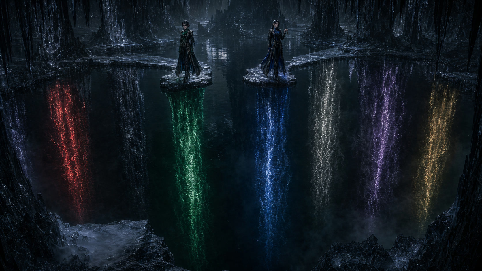 ミザリーとレインが七柱の原初の悪魔の緑と青であることを氷湖の七色の反射で表した画像