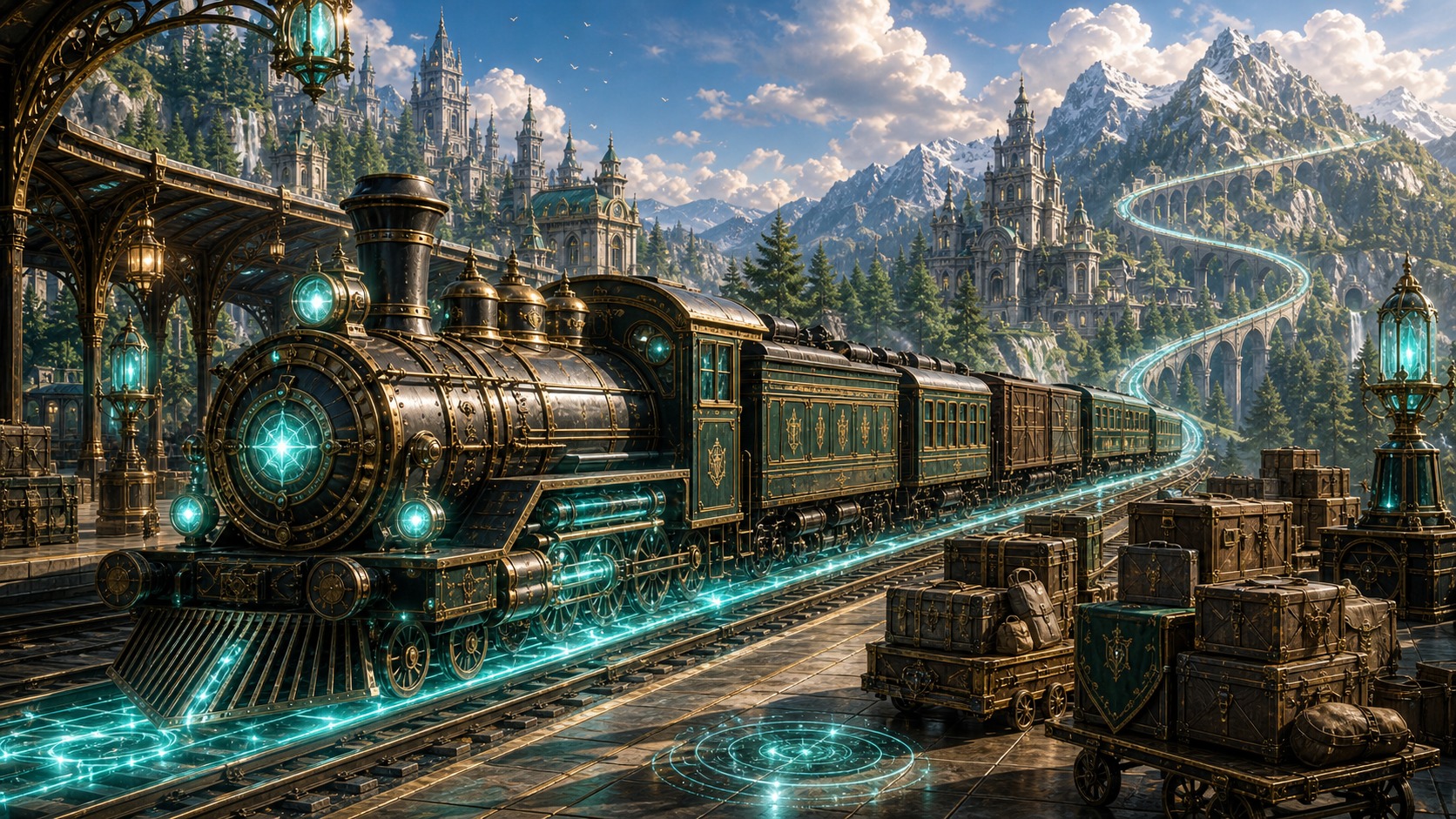 魔導列車が移動と物流を変える乗り物であることを駅と貨物で表した画像