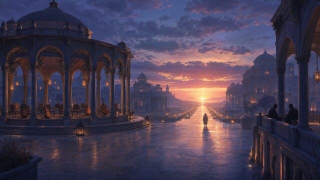 夜明け前の聖都で音楽祭の余韻と密談の影、遠い朝日へ向かう旅人を描いた場面