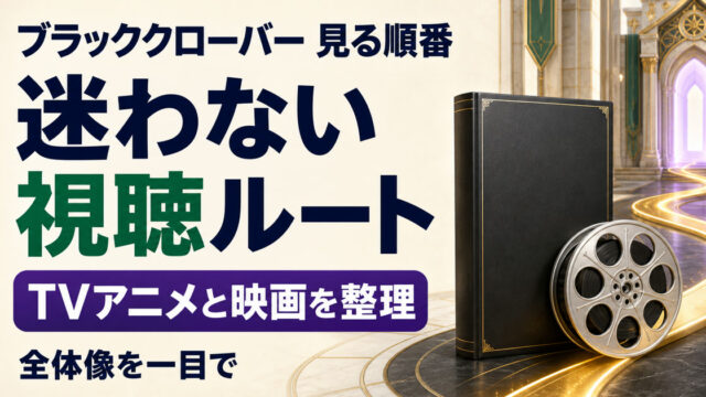 黒い本とフィルムリール、金色の道でブラッククローバーの見る順番を示すアイキャッチ