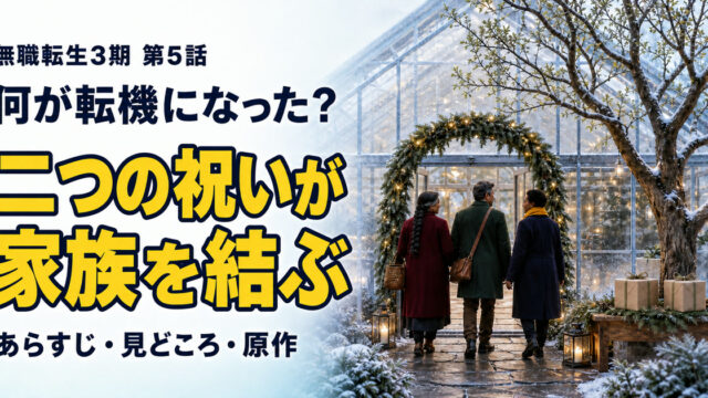 霜の山のガラス温室へ三人の大人が二つの贈り物を運ぶ、無職転生3期第5話の解説イメージ