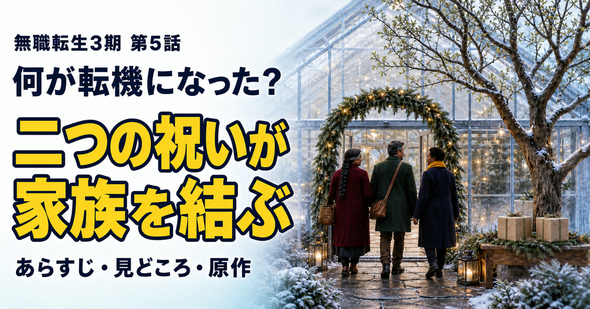 霜の山のガラス温室へ三人の大人が二つの贈り物を運ぶ、無職転生3期第5話の解説イメージ