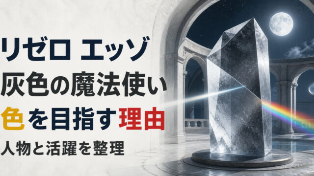 灰色の結晶が色の光へ変わる情景でエッゾの人物像を表したアイキャッチ